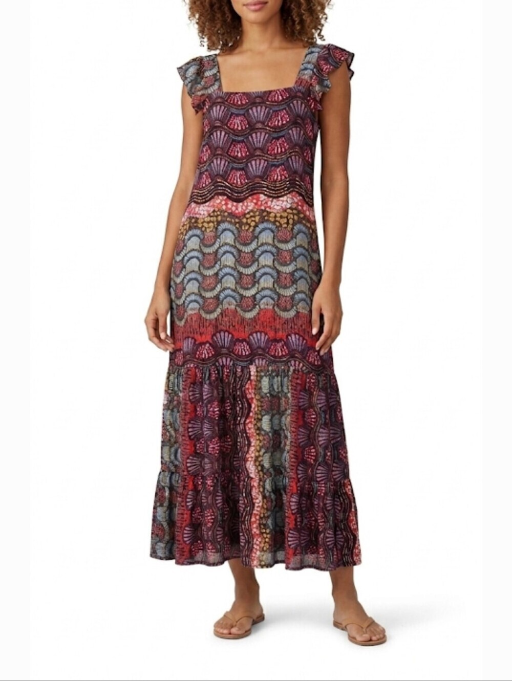 Corey Lynn Calter Doriane Square Neck Flutter Sleeve Midi Dress XS Multicolor